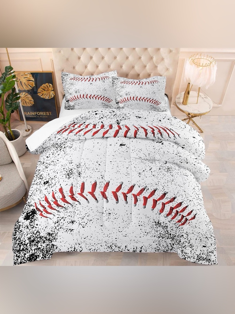 Queen -Baseball Bedding Set-Comforter, 2 Pillow sham, red fitted sheet, 2 pillow